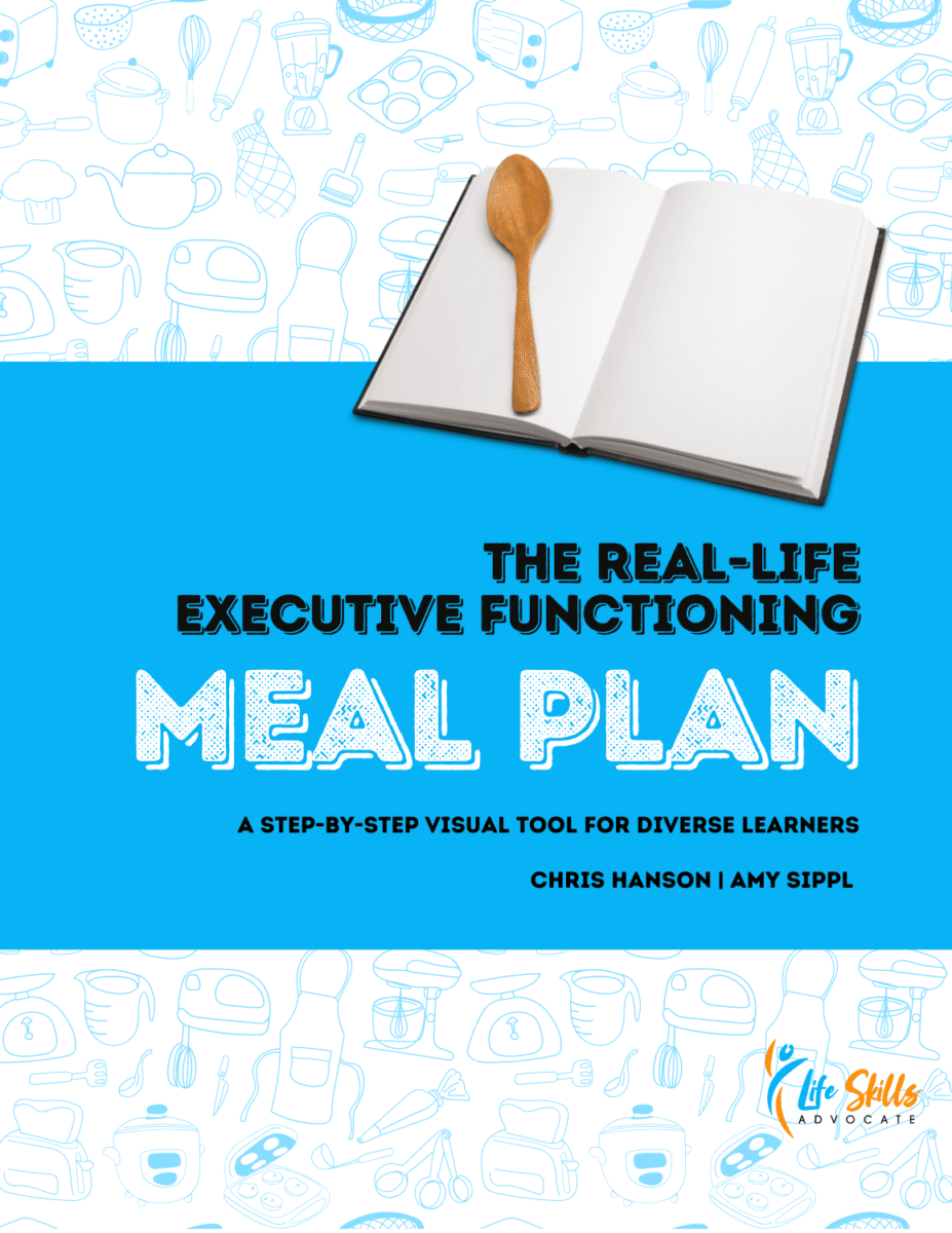 Cover Of A Nutrition And Executive Function Meal Plan: Open Notebook With Wooden Spoon And The Title “The Real-Life Executive Functioning Meal Plan.”