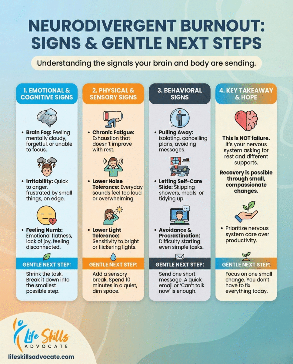Infographic Summarizing Emotional, Physical, And Behavioral Signs Of Neurodivergent Burnout And Gentle Next Steps For Small Supportive Changes.