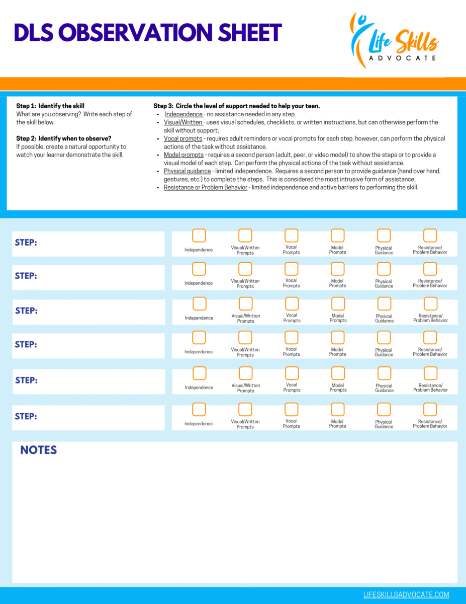 Daily Living Skills Observation Sheet