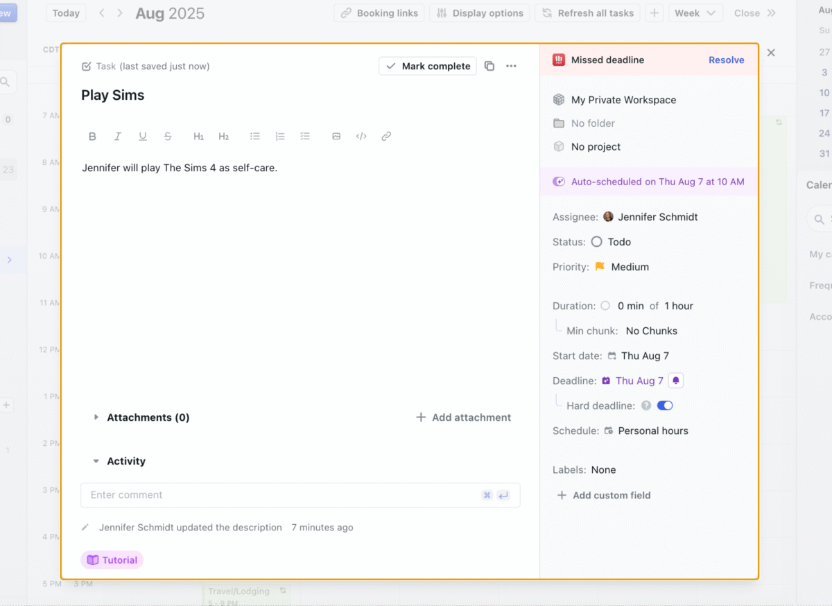 Motion Task Editor Open On A “Play Sims” Task, With Fields To Adjust Assignee, Status, Priority, Duration, Deadline, And Personal-Hours Schedule.