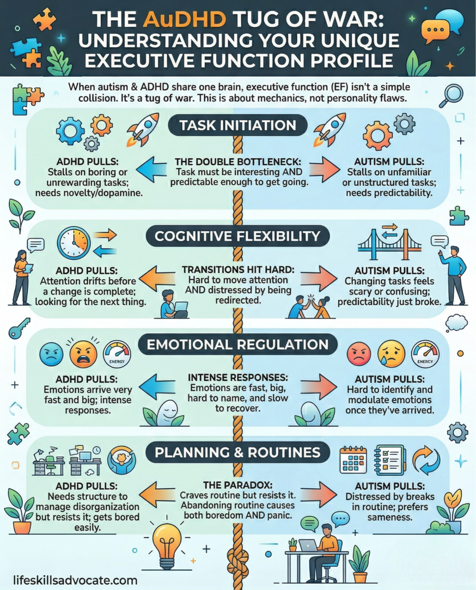 Audhd and executive function: what happens when autism and adhd share one brain 1 Audhd Tug Of War Infographic