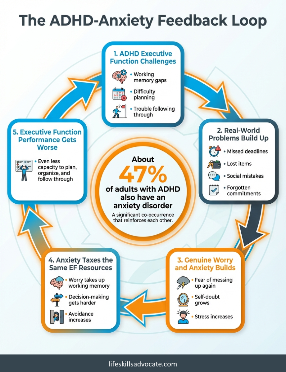 Circular Diagram Showing How Adhd Or Anxiety Create A Feedback Loop: Executive Function Challenges Lead To Real-World Problems, Which Build Anxiety, Which Taxes The Same Ef Resources, Making Performance Worse. About 47% Of Adults With Adhd Also Have Anxiety.