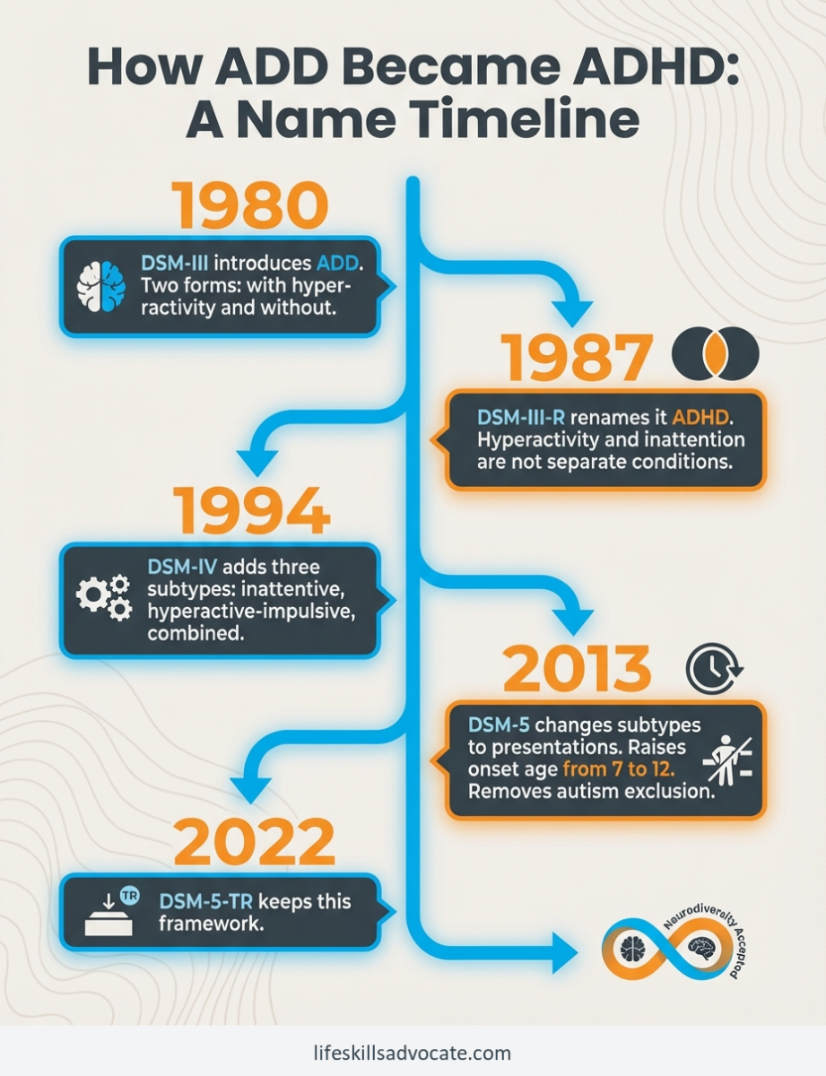 Adhd vs add: what changed and why it matters 1 Timeline Showing How Adhd Vs Add Naming Changed From 1980 To 2022 Across Five Dsm Editions