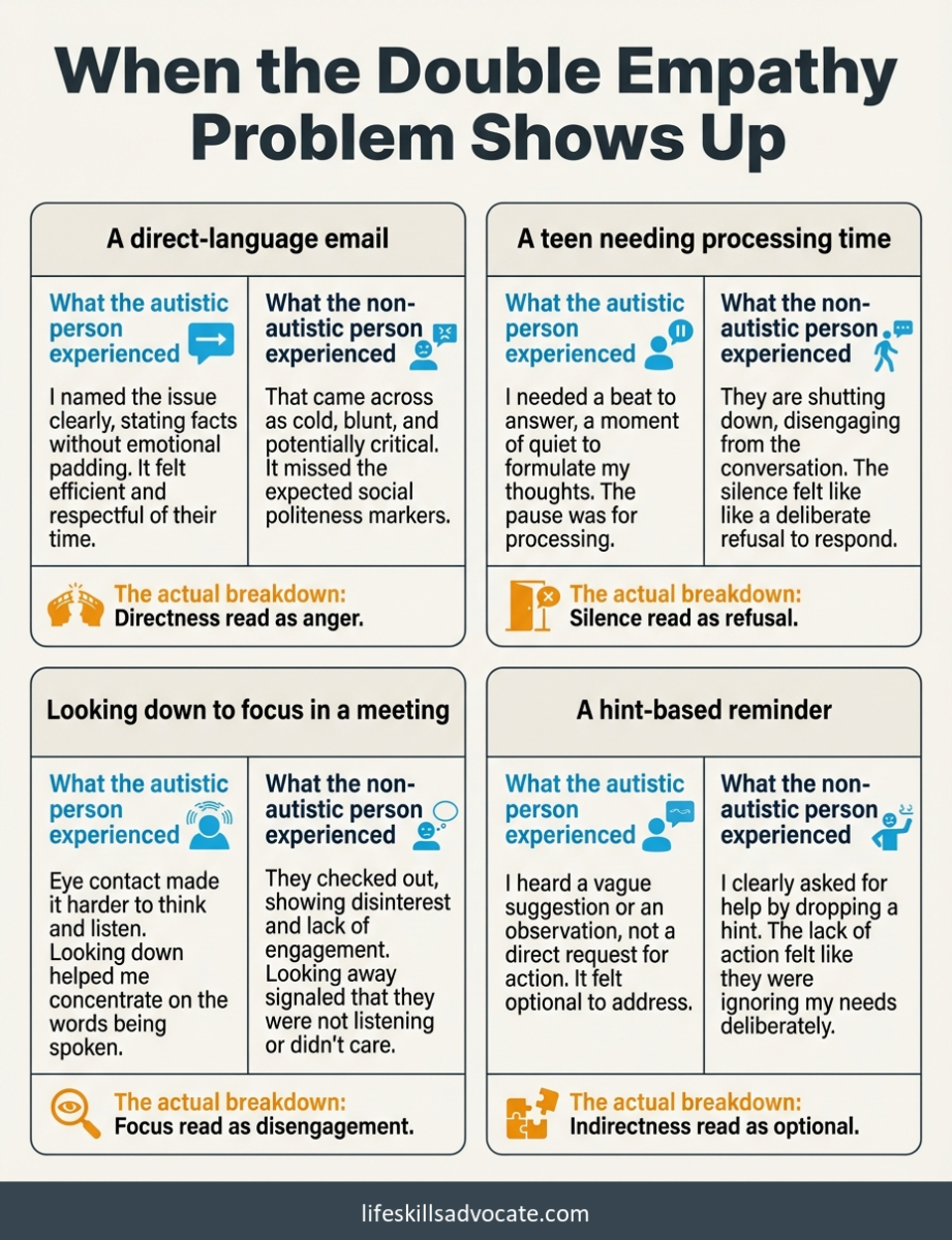 The double empathy problem: what it is and how it shows up in real life 1 Infographic Showing Four Common Scenarios Where The Double Empathy Problem Shows Up Between Autistic And Non-Autistic People. Each Card Compares What The Autistic Person Experienced With What The Non-Autistic Person Experienced, Then Names The Actual Breakdown: A Direct-Language Email Read As Anger, A Teen Needing Processing Time Read As Refusal, Looking Down To Focus Read As Disengagement, And A Hint-Based Reminder Read As Optional.