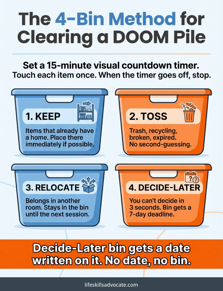 The 4-Bin Method For Clearing A Doom Pile: A 2X2 Grid Of Labeled Sorting Bins - Keep, Toss, Relocate, And Decide-Later - With A 15-Minute Visual Countdown Timer Instruction At The Top. Life Skills Advocate.