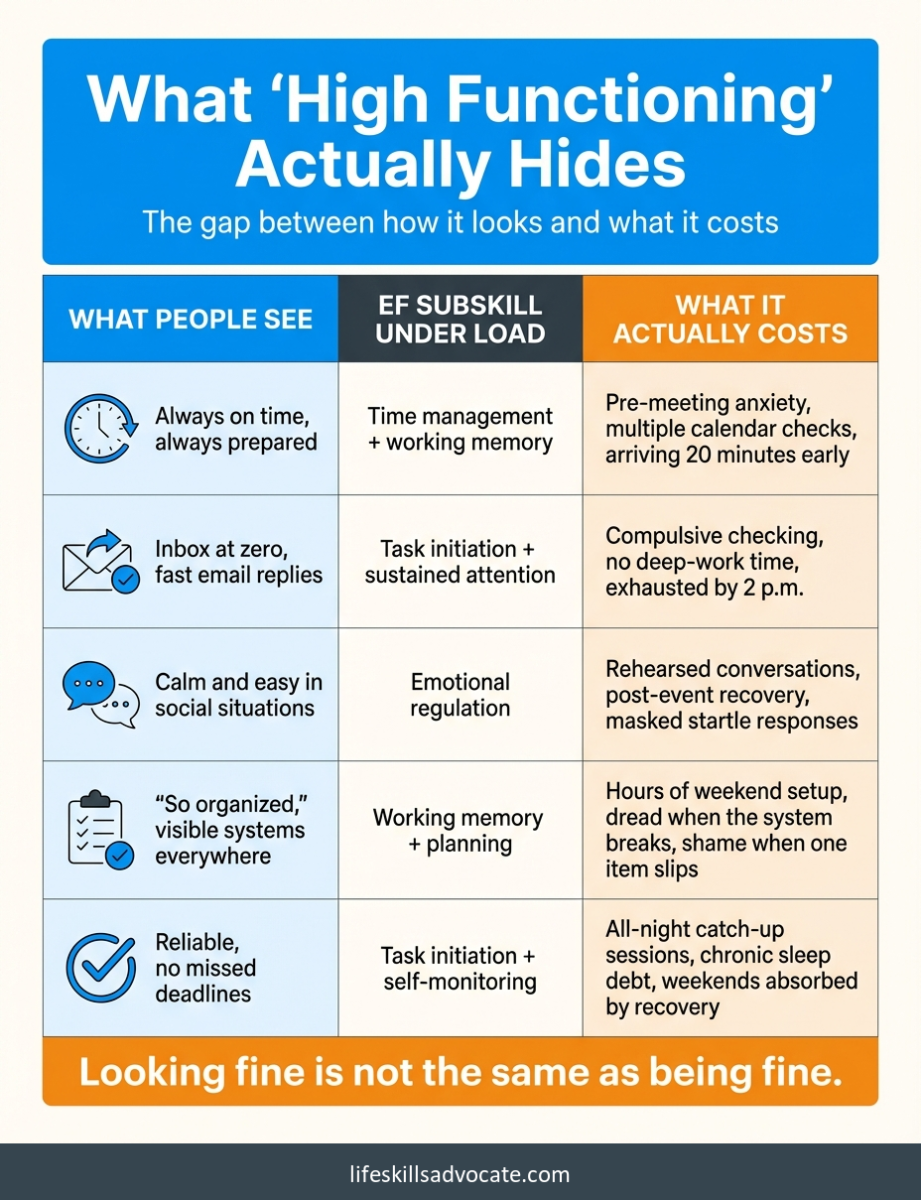 Three-Column Chart Of High Functioning Adhd: Visible Behavior, The Executive Function Subskill Under Load, And The Hidden Cost Behind Each One.
