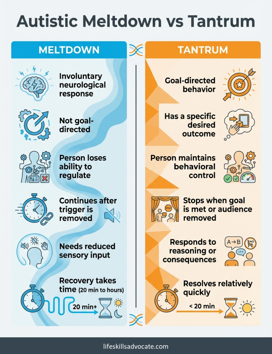 Understanding autistic meltdowns: what they are, what triggers them, and what actually helps 1 Autistic Meltdown Vs Tantrum Comparison Showing Six Key Differences Between Involuntary Meltdowns And Goal-Directed Tantrums