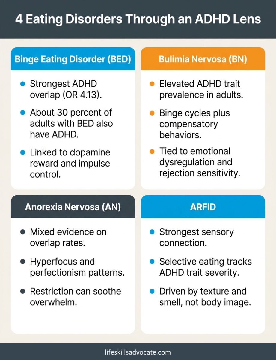 6 executive function patterns behind adhd and eating disorders 1 Four-Quadrant Chart Showing How Binge Eating Disorder, Bulimia, Anorexia, And Arfid Each Connect To Adhd.
