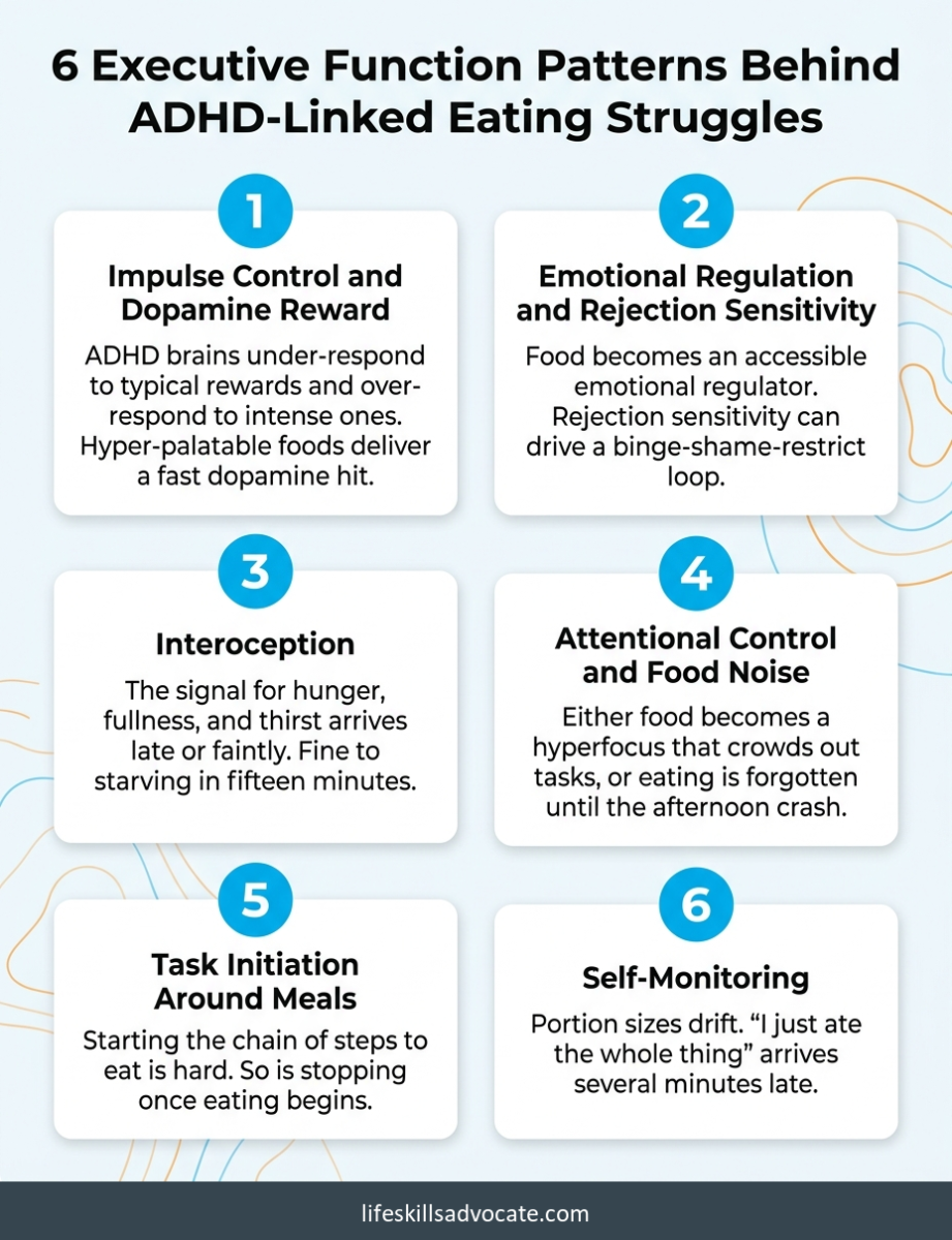 6 executive function patterns behind adhd and eating disorders 2 Six Numbered Cards Showing The Executive Function Patterns Behind Adhd And Eating Disorders, From Impulse Control To Self-Monitoring.