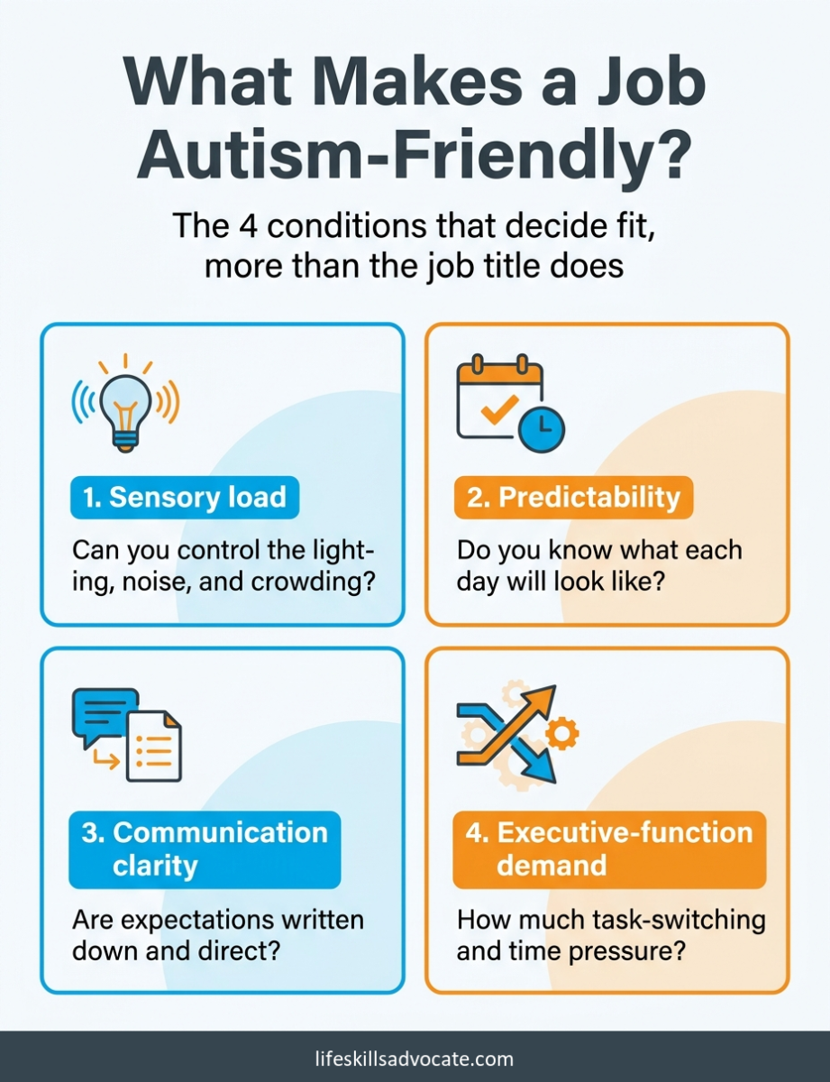 13 autism-friendly jobs for adults and the conditions that make them work 1 The Four Conditions That Make Autism-Friendly Jobs Fit: Sensory Load, Predictability, Communication Clarity, And Executive-Function Demand.