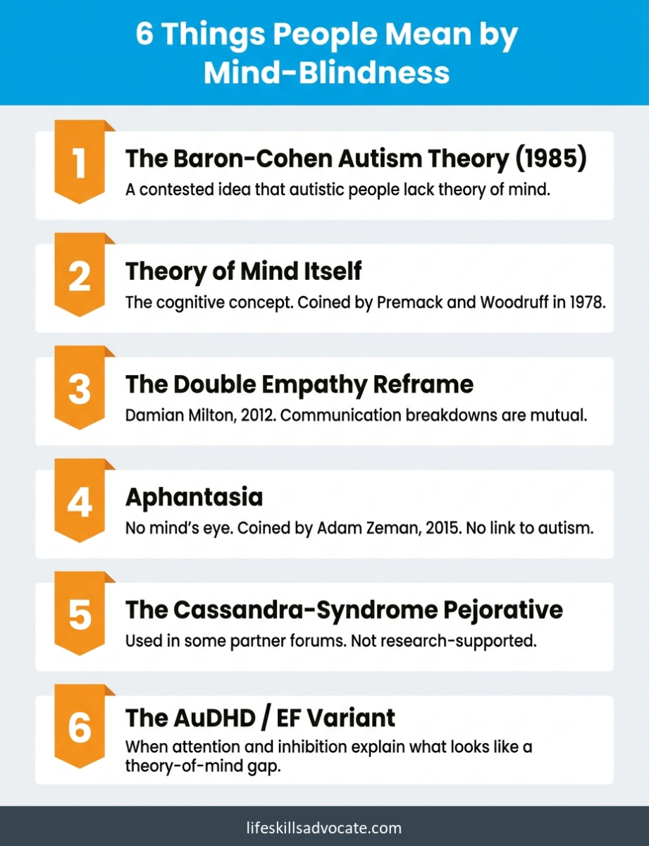 6 things people actually mean when they say 'mind-blindness' 1 Numbered Card Stack Showing Six Different Meanings Of Mind-Blindness, From The 1985 Baron-Cohen Autism Theory To The Audhd Executive-Function Variant.