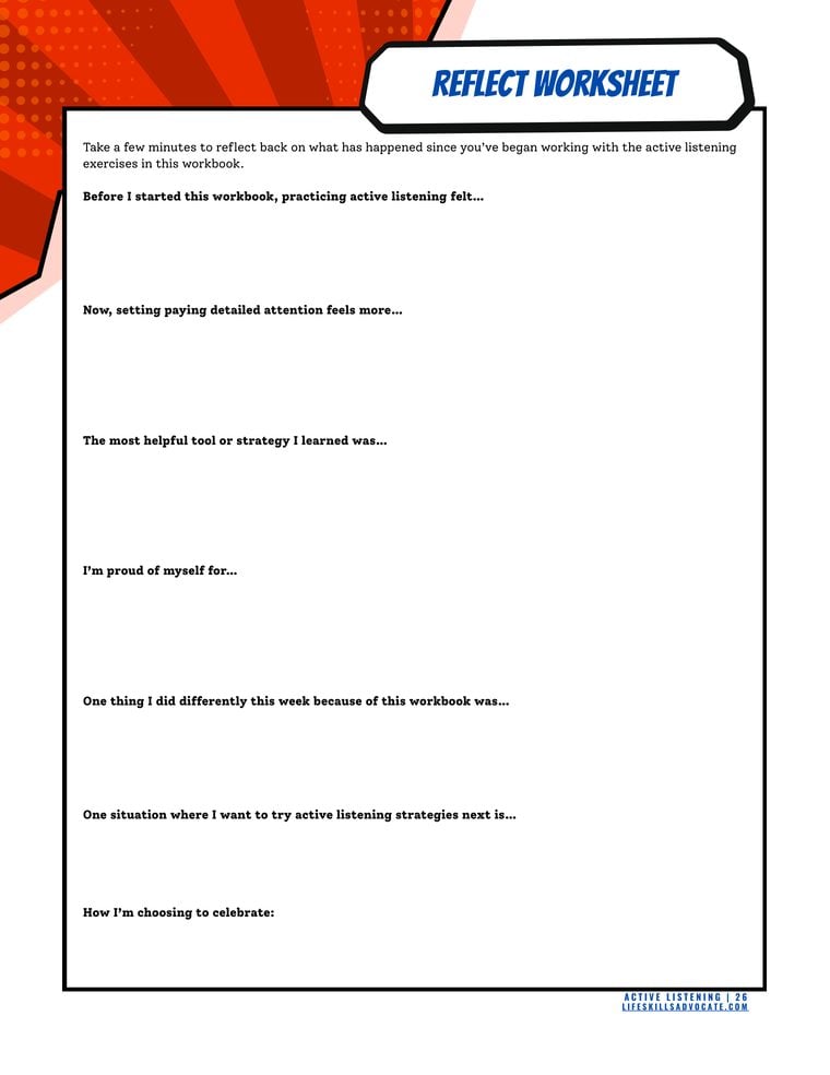 Inside the Active Listening workbook for teens and young adults: the Reflect worksheet for looking back at how far your listening has come