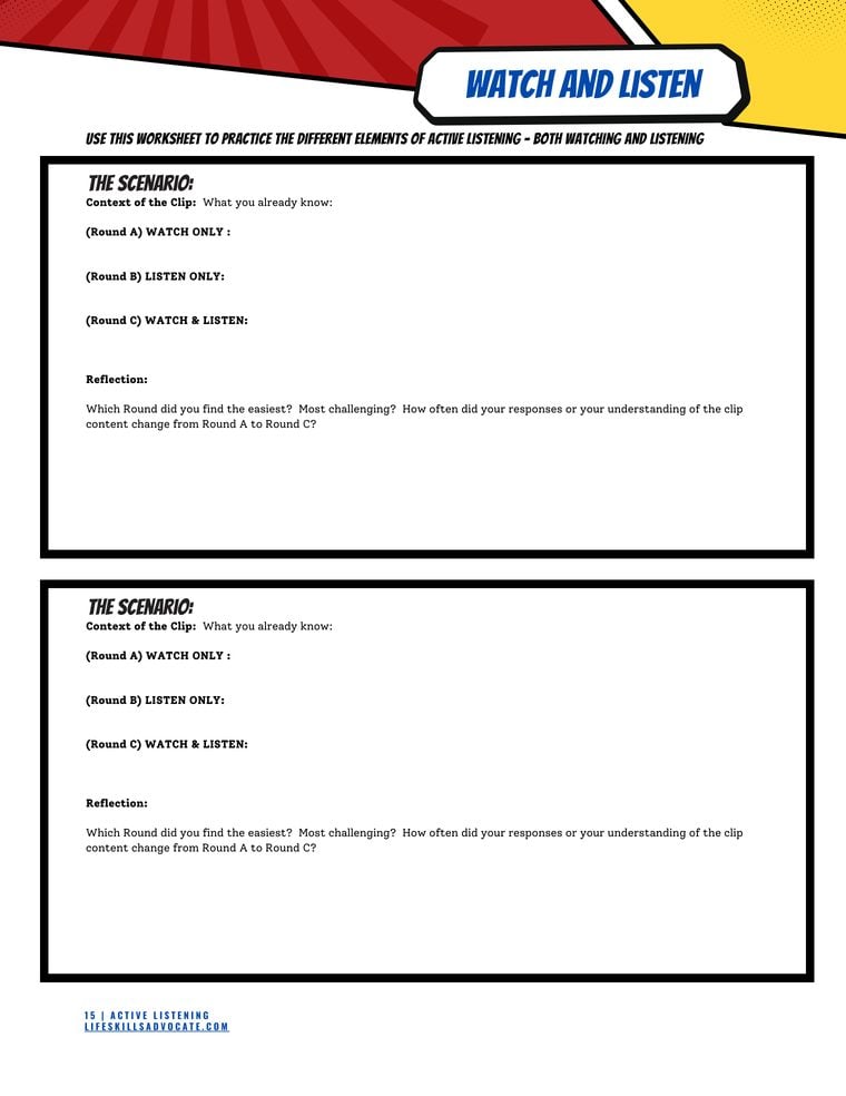 Inside the Active Listening workbook for teens and young adults: the Watch and Listen mission for practicing how to read tone, body language, and words
