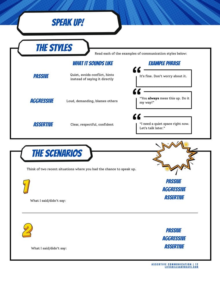 Assertive Communication Workbook - Secret Identity Check-In self-check page Inside the Assertive Communication workbook for teens and young adults: the Secret Identity Check-In self-check for spotting whether you communicate passively, aggressively, or assertively