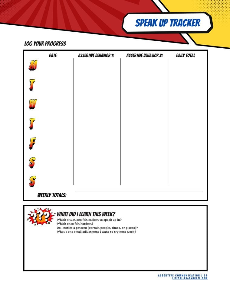 Inside the Assertive Communication workbook for teens and young adults: the Speak Up Tracker for logging when you spoke up and how it went