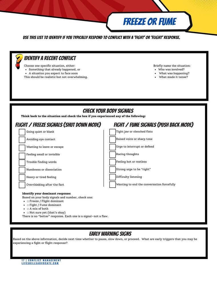 Conflict Management Workbook - Freeze or Fume meter page Inside the Conflict Management workbook for teens and young adults: the Freeze or Fume meter for spotting whether you slide toward shutting down or blowing up in conflict