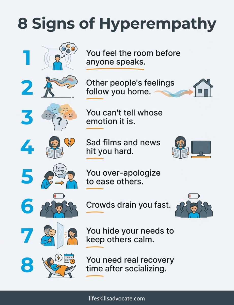 8 signs of hyperempathy in autistic and adhd adults 1 8 Signs Of Hyperempathy In Autistic And Adhd Adults: Feeling A Room'S Mood The Second You Walk In, Carrying Other People'S Feelings Home, Not Being Able To Tell Whose Emotion It Is, Being Hit Hard By Sad Films And News, Over-Apologizing To Ease Others, Draining Fast In Crowds, Hiding Your Own Needs To Keep Others Calm, And Needing Real Recovery Time After Socializing. | Life Skills Advocate