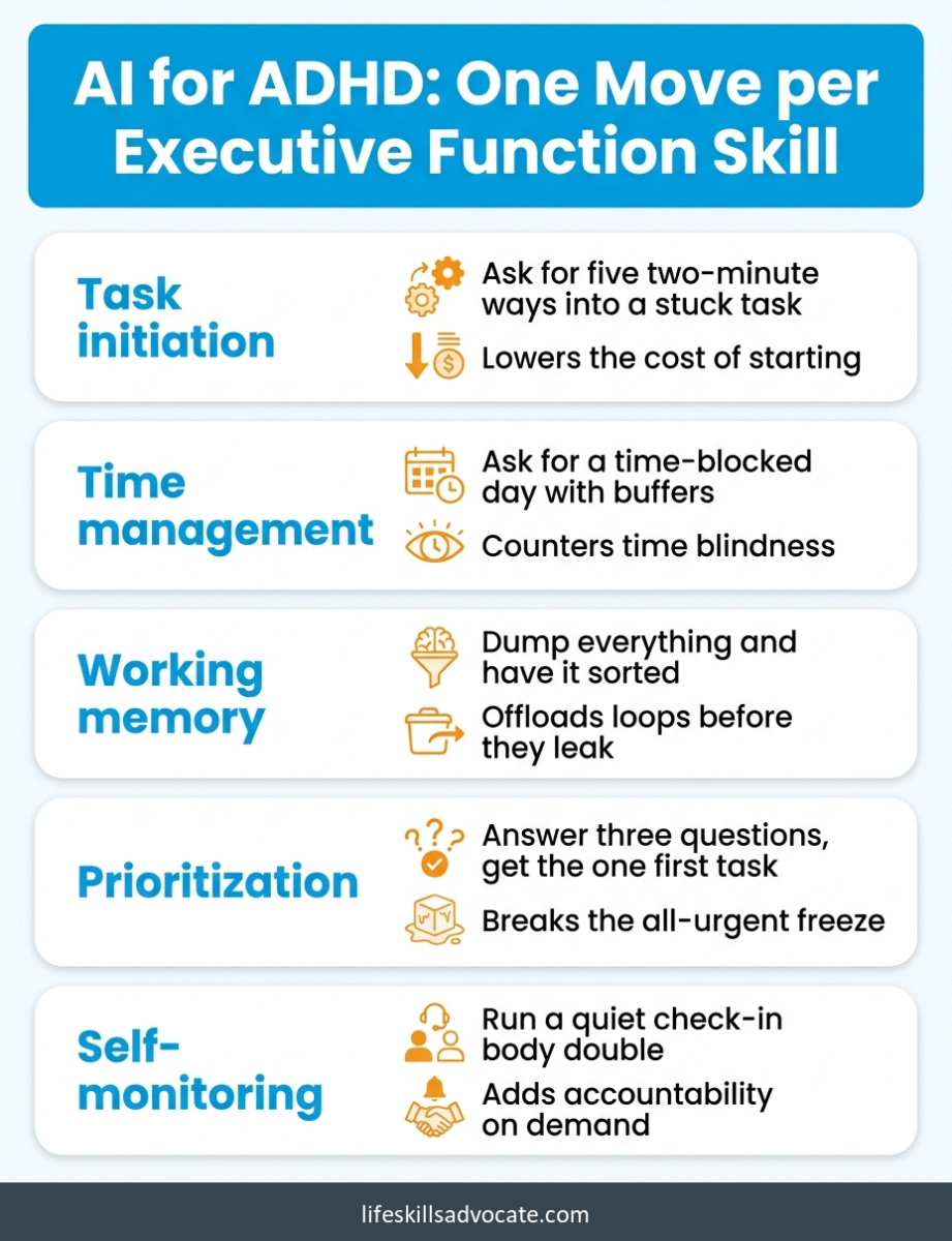 Ai for adhd: 9 chatgpt prompts that build real skills in 2026 1 Ai For Adhd Mapped To Five Executive Function Skills, Each Showing What To Ask The Ai For And How It Helps Your Brain.