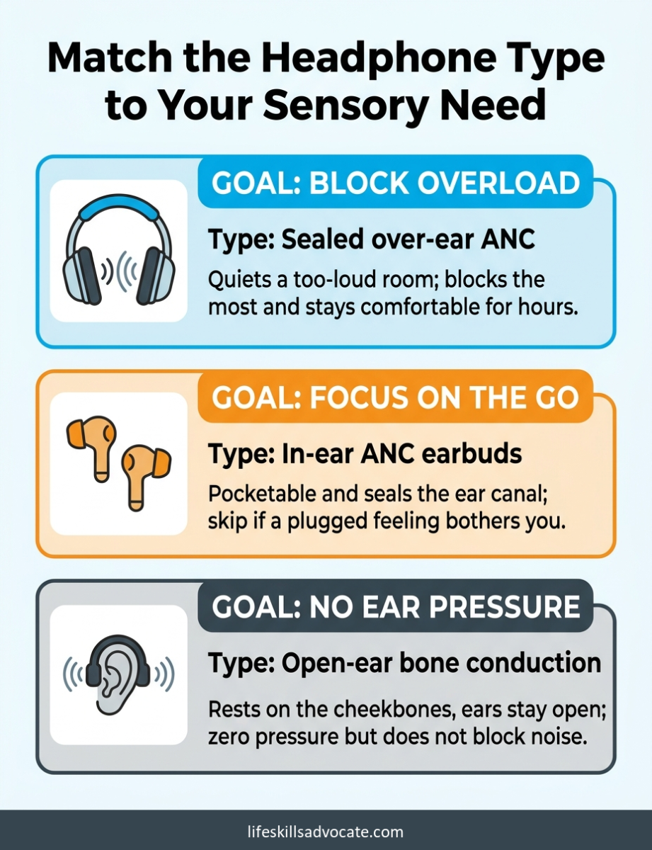 8 best noise cancelling headphones for adhd and sensory overload (teens and adults) 1 Matching Noise Cancelling Headphones To Your Sensory Need: Over-Ear Anc To Block Overload, In-Ear Anc For Focus, Open-Ear Bone Conduction For No Ear Pressure.