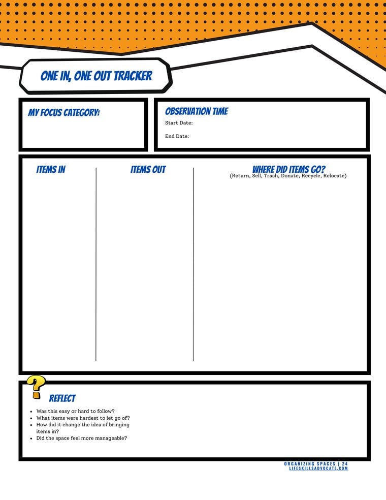 Inside the Organizing Spaces workbook for teens and young adults: the One In, One Out tracker for keeping new clutter from piling back up