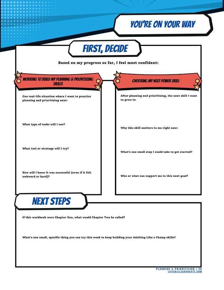 Planning and Prioritizing Workbook - You're on Your Way reflection page Inside the Planning and Prioritizing workbook for teens and young adults: the You're on Your Way reflection page for reviewing progress and choosing the next small step