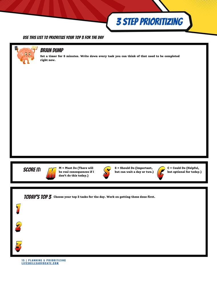 Planning and Prioritizing Workbook - Three-Step Prioritizing Path worksheet page Inside the Planning and Prioritizing workbook for teens and young adults: the Three-Step Prioritizing Path worksheet showing how to prioritize tasks down to a daily top three