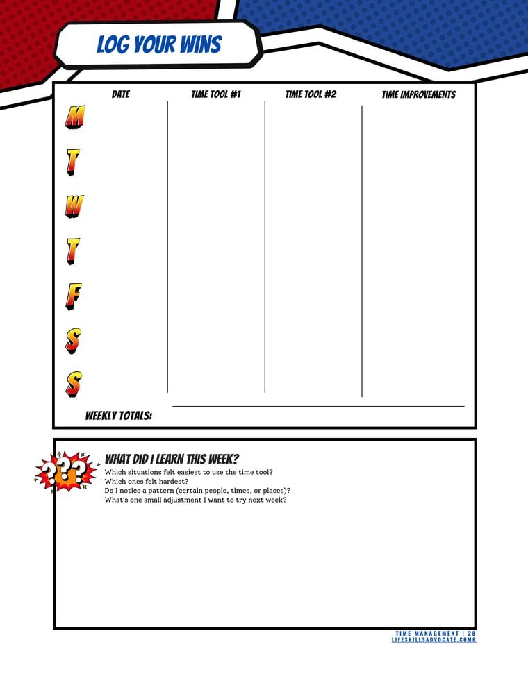 Inside the Time Management workbook for teens and young adults: the Log Your Wins weekly tracker for time management progress