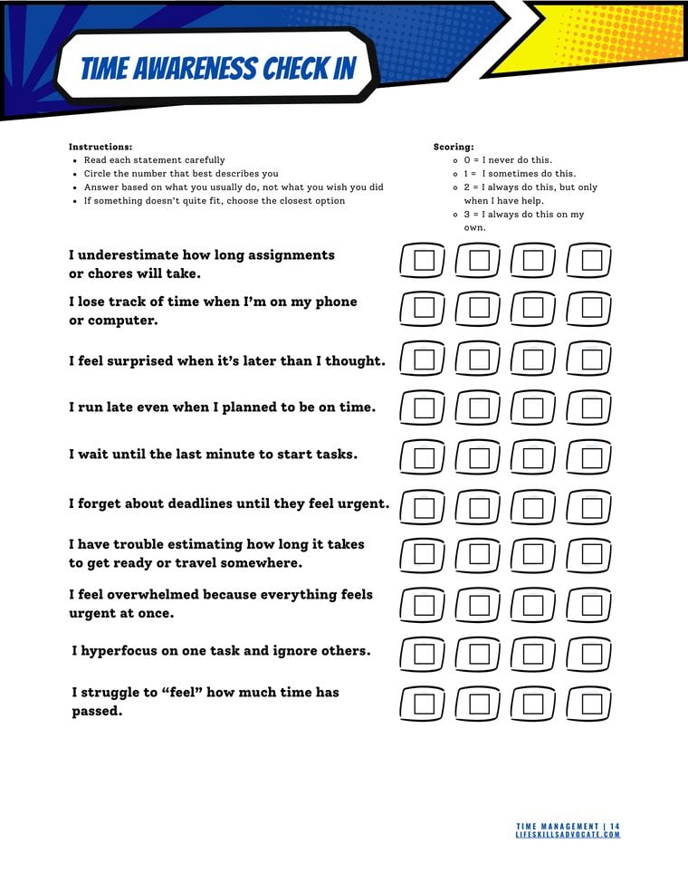 Time Management Workbook - Time Awareness Check-In self-check page Inside the Time Management workbook for teens and young adults: the Time Awareness Check-In self-check for spotting time blindness patterns