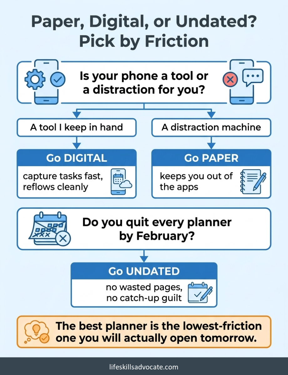A Decision Guide For Choosing An Adhd Planner By Friction: Whether Your Phone Is A Tool Or A Distraction Points To Digital Or Paper, And Quitting Every Planner By February Points To Going Undated.