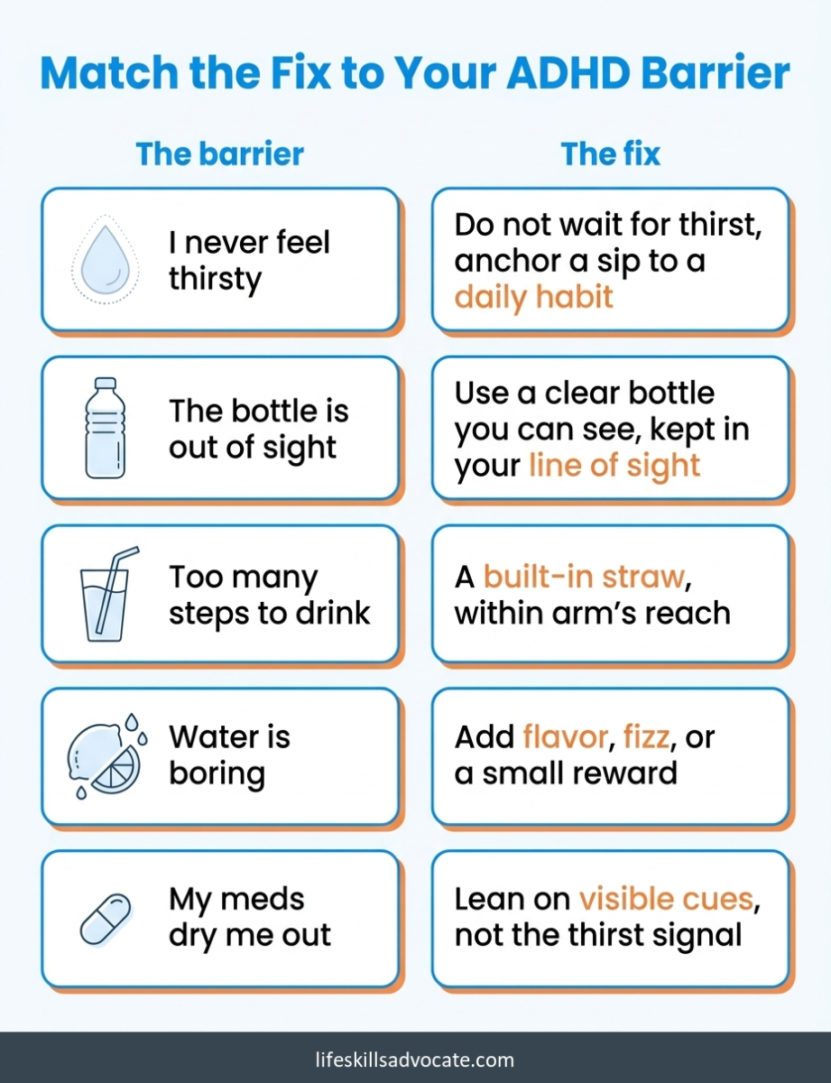 7 ways to drink more water when you have adhd 1 A Two-Column Infographic Titled Match The Fix To Your Adhd Barrier That Pairs Five Reasons People With Adhd Forget To Drink More Water (No Thirst Signal, Bottle Out Of Sight, Too Many Steps, Water Is Boring, And Dry Mouth From Medication) With The Specific Fix For Each.
