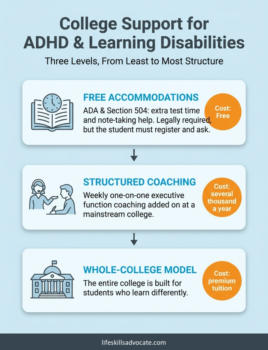 15 best colleges for students with adhd and learning disabilities 1 Three Levels Of College Support For Students With Adhd And Learning Disabilities, From Least To Most Structure: Free Ada And Section 504 Accommodations, Structured Executive Function Coaching, And The Whole-College Model, With The Cost Of Each.