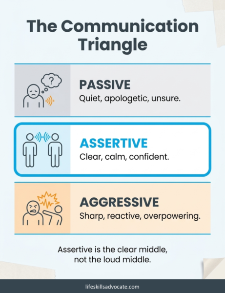 The communication triangle: passive, aggressive, assertive 1 An Assertive Communication Examples Infographic Titled &Quot;The Communication Triangle,&Quot; Showing Three Communication Styles: Passive (Quiet, Apologetic, Unsure), Assertive (Clear, Calm, Confident) As The Highlighted Balanced Middle, And Aggressive (Sharp, Reactive, Overpowering). Caption Reads: Assertive Is The Clear Middle, Not The Loud Middle.