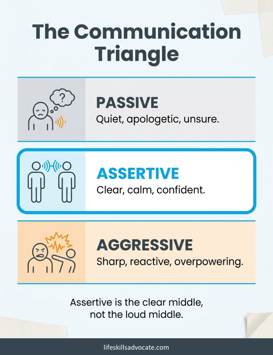 12 assertive communication examples for neurodivergent teens and young adults 1 An Assertive Communication Examples Infographic Titled &Quot;The Communication Triangle,&Quot; Showing Three Communication Styles: Passive (Quiet, Apologetic, Unsure), Assertive (Clear, Calm, Confident) As The Highlighted Balanced Middle, And Aggressive (Sharp, Reactive, Overpowering). Caption Reads: Assertive Is The Clear Middle, Not The Loud Middle.