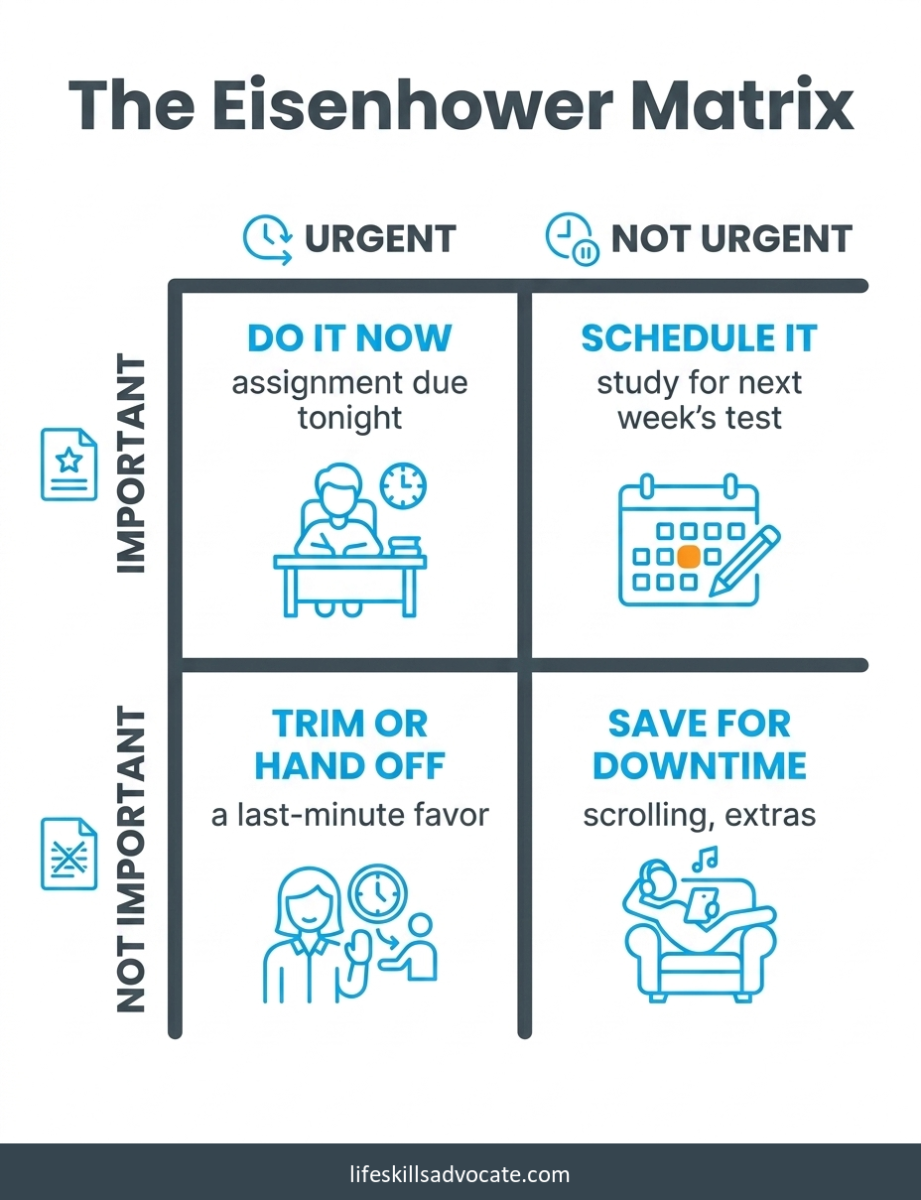 5 practical tips for balancing academic and social life for neurodivergent students 1 The Eisenhower Matrix Shown As A 2X2 Grid For Students: Do It Now (Urgent And Important), Schedule It (Important But Not Urgent), Trim Or Hand Off (Urgent But Not Important), And Save For Downtime (Neither).
