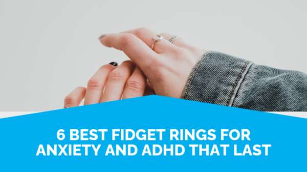 6 best fidget rings for anxiety and adhd that last 4 Hands Wearing A Slim Silver Ring, With The Article Title 6 Best Fidget Rings For Anxiety And Adhd That Last On A Blue Banner