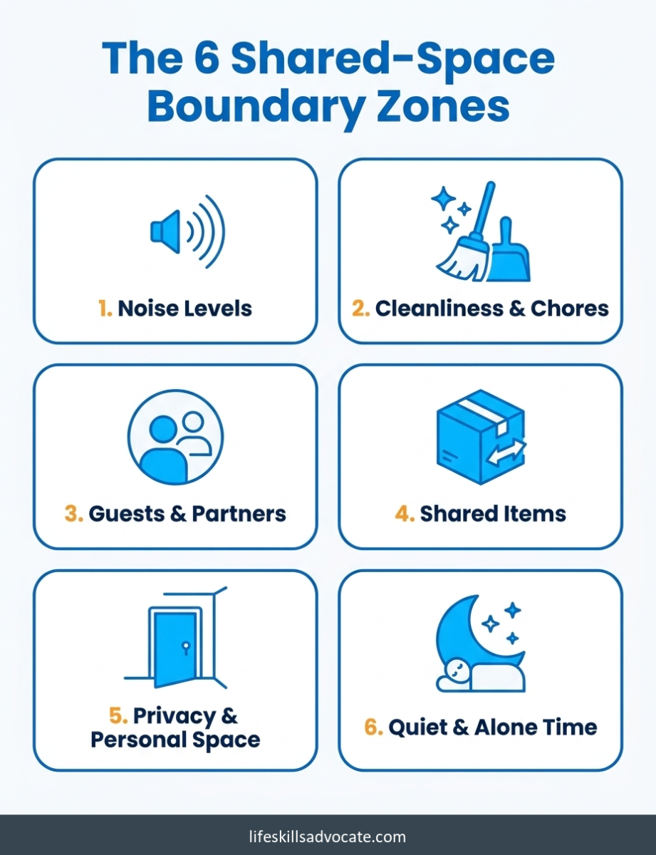 6 roommate boundaries every neurodivergent young adult should set (with scripts) 1 The 6 Shared-Space Roommate Boundary Zones: Noise, Cleanliness And Chores, Guests And Partners, Shared Items, Privacy, And Quiet Or Alone Time
