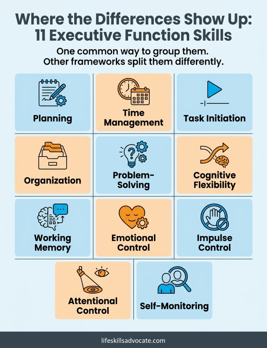 What does it mean to be neurodivergent? A description, not a diagnosis 2 Infographic Of The 11 Executive Function Skills Where Neurodivergent Differences Show Up Day To Day: Planning, Time Management, Task Initiation, Organization, Problem-Solving, Cognitive Flexibility, Working Memory, Emotional Control, Impulse Control, Attentional Control, And Self-Monitoring.