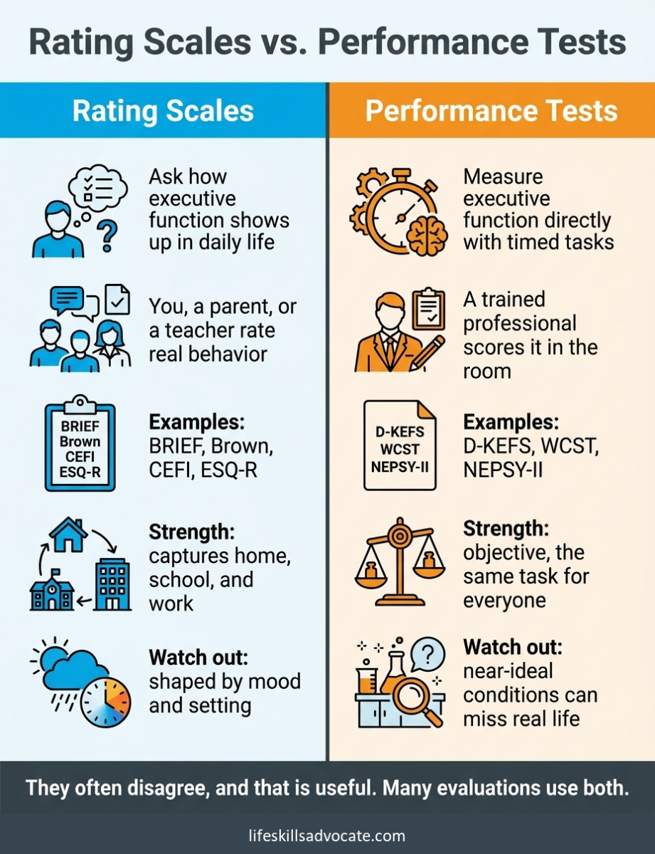 Executive function assessment tools: what each one measures and who it's for 1 Rating Scales Vs. Performance Tests, The Two Main Executive Function Assessment Tools: One Rates Everyday Behavior, The Other Uses Timed Tasks, And They Often Disagree.