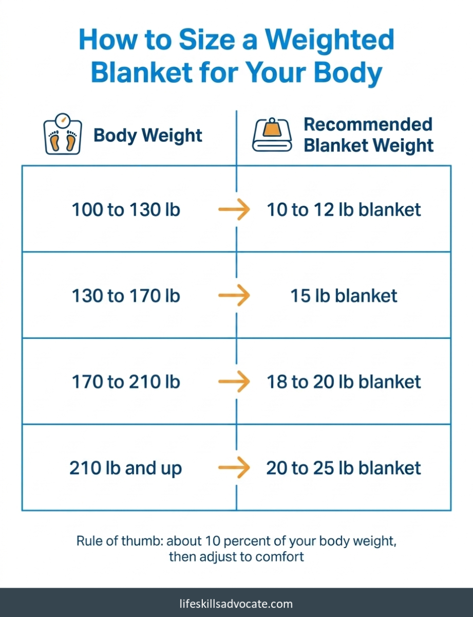 12 best weighted blankets for adhd and autism (teens and adults) 1 Weighted Blanket Sizing Chart For Autism And Adhd: Body-Weight-To-Blanket-Weight Guide Showing About 10 Percent Of Body Weight From 100 To 250-Plus Pounds, Sized For Teens And Adults.