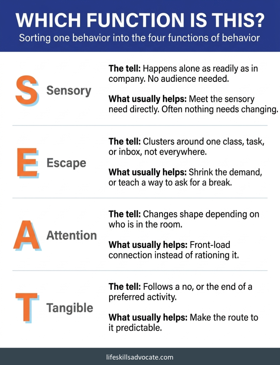 Identification Guide For The Four Functions Of Behavior, Showing The Tell And What Usually Helps For Sensory, Escape, Attention, And Tangible Behaviors In Teens And Adults.