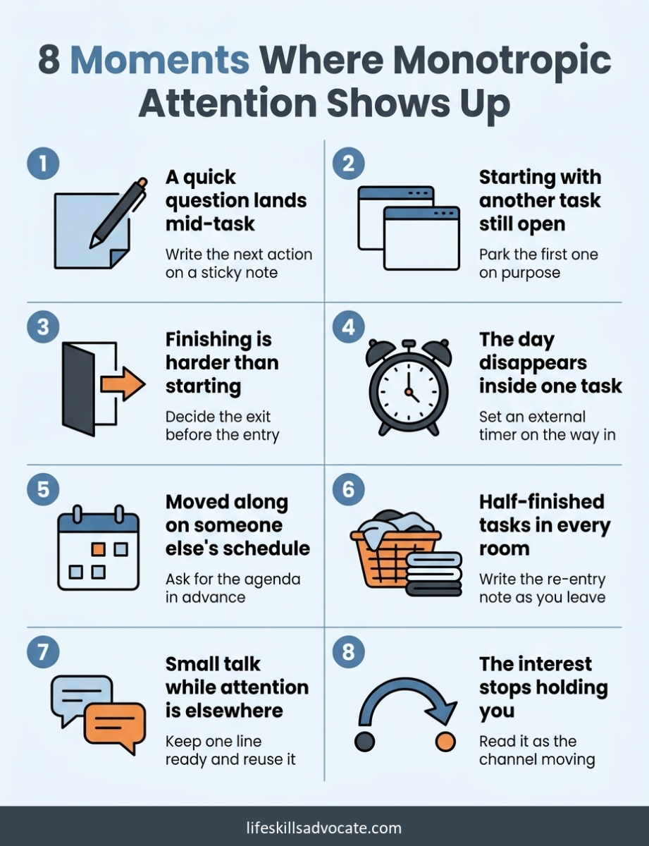 8 ways monotropism shows up in an autistic adult's week 2 Infographic Listing 8 Moments Where Monotropic Attention Shows Up In An Adult'S Week, Each With One Thing That Helps: A Question Landing Mid-Task, Starting With Another Task Still Open, Finishing Being Harder Than Starting, The Day Disappearing Inside One Task, Being Moved Along On Someone Else'S Schedule, Half-Finished Tasks In Every Room, Small Talk While Attention Is Elsewhere, And An Interest That Stops Holding You