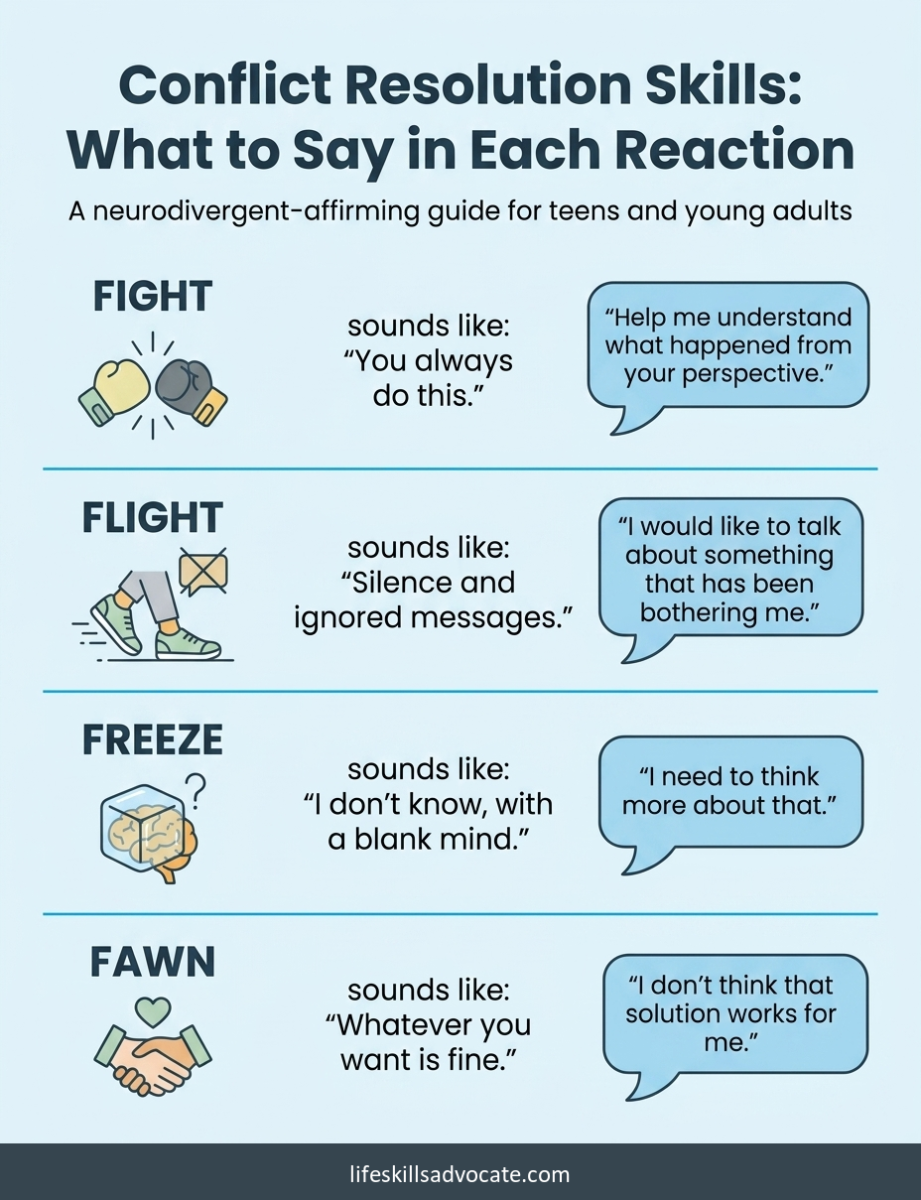 19 conflict resolution skills for neurodivergent teens and young adults 1 Conflict Resolution Skills Chart Showing What To Say Instead During Fight, Flight, Freeze, And Fawn Reactions