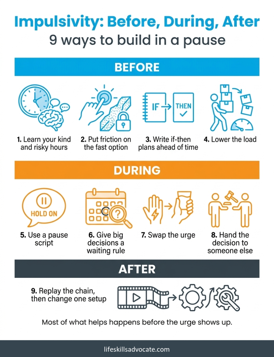 Impulsivity: what helps in the moment before you act? 2 Nine Ways To Build A Pause Into Impulsivity, Grouped As Before The Urge (1-4), During It (5-8), And After It (9)