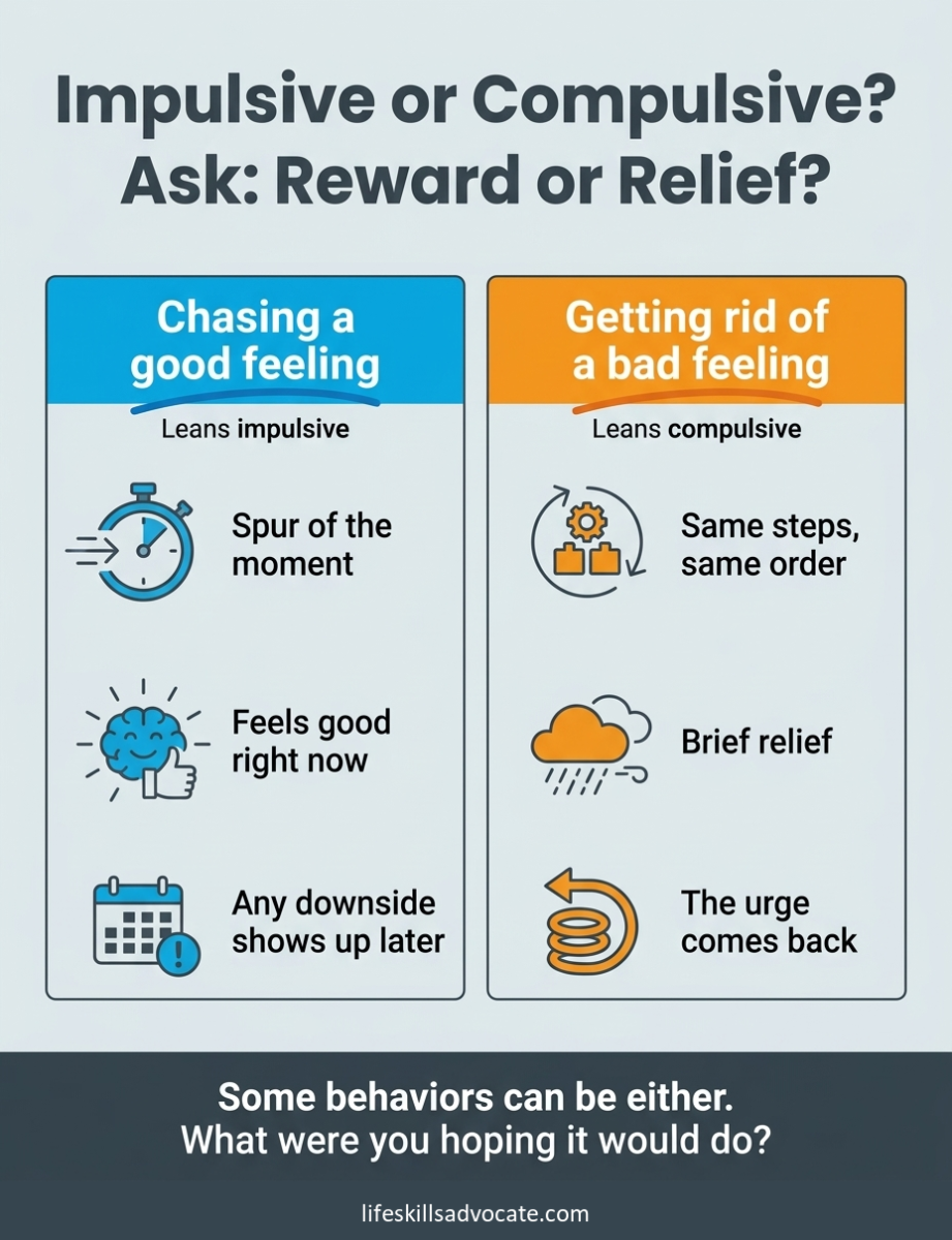 8 impulsive vs compulsive examples from an ordinary day 1 Impulsive Vs Compulsive Sorting Card: Chasing A Good Feeling Leans Impulsive, Getting Rid Of A Bad Feeling Leans Compulsive.
